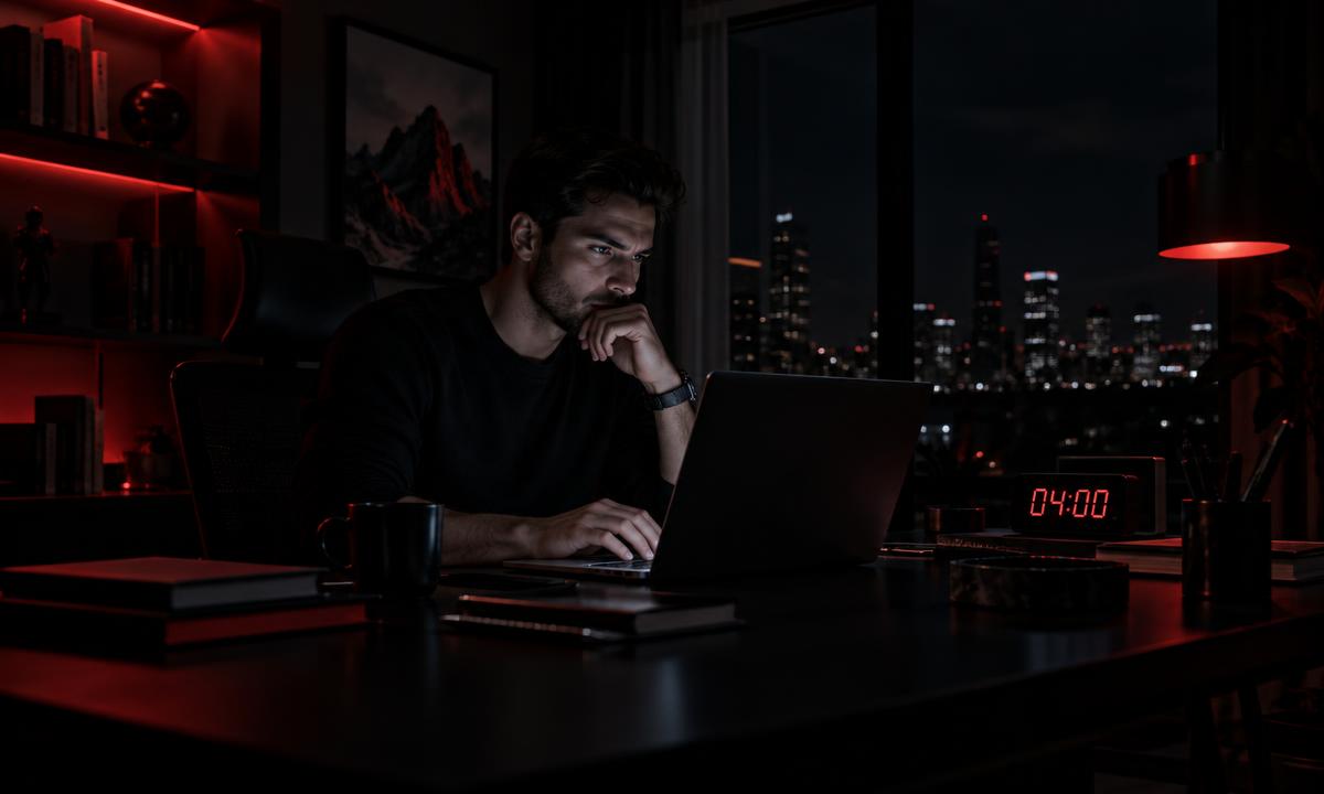 Profissional trabalhando de madrugada diante do computador
